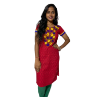 Red pure cotton Jacquard Kurtis with multi color arri embroidery kurti Red pure cotton Jacquard Kurtis with multi color arri embroidery kurti