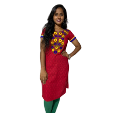 Red pure cotton Jacquard Kurtis with multi color arri embroidery kurti