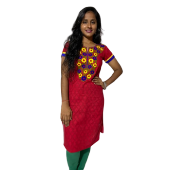 Red pure cotton Jacquard Kurtis with multi color arri embroidery kurti