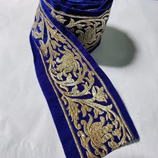 Royal Blue Colour Velvet Lace with Golden kassab Threads Embroidery Work Border for uses Bridal Dress, Gown, Dupatta, Sarees, Wedding Outfits (per Meter) Size : 4.2 Inch