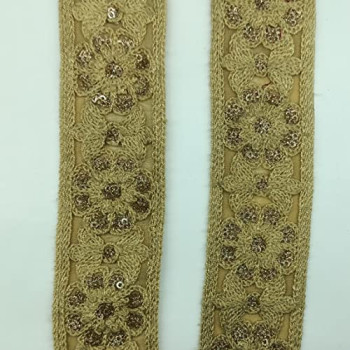 Brown Colour Lace with Flower Design Sequence Embroidery Work Border 
