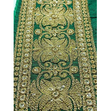 Green Colour Lace with Golden kassab Threads Flower Design Embroidery Work Border for Bridal Dress, Gown, Dupatta, Sarees, Wedding Outfits (Pack of 7.5 Meter) Width : 9.5 cm
