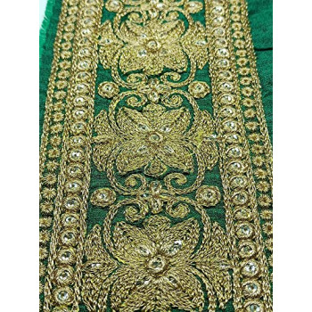 Green Colour Lace with Golden kassab Threads Flower Design Embroidery Work Border for Bridal Dress, Gown, Dupatta, Sarees, Wedding Outfits (Pack of 7.5 Meter) Width : 9.5 cm